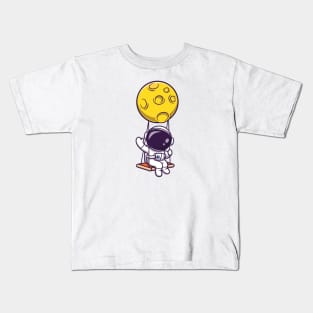 Cute Astronaut Swing On Moon And Waving Hand Cartoon Kids T-Shirt